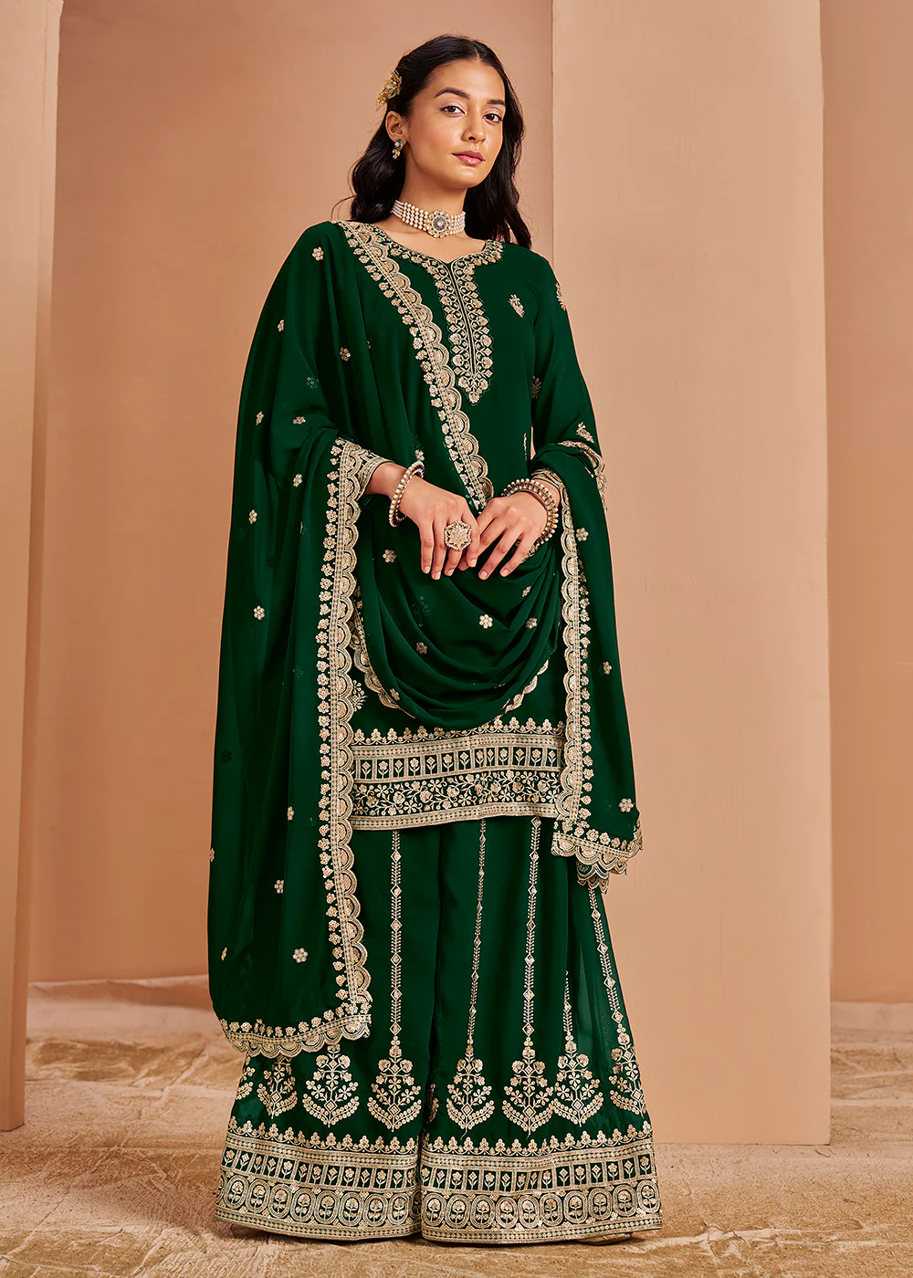 Attractive Green Festive Style Embroidered Palazzo Suit - Image 3