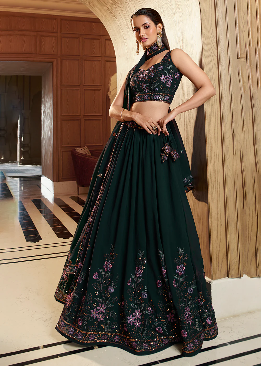 Attractive Green Floral Embroidered Designer Lehenga Choli - Image 3