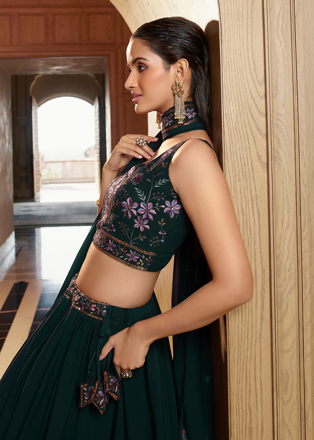 Attractive Green Floral Embroidered Designer Lehenga Choli - Image 4