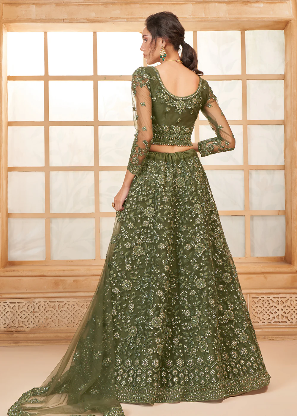 Attractive Green Heavy Net Embroidered Bridal Lehenga Choli - Image 3