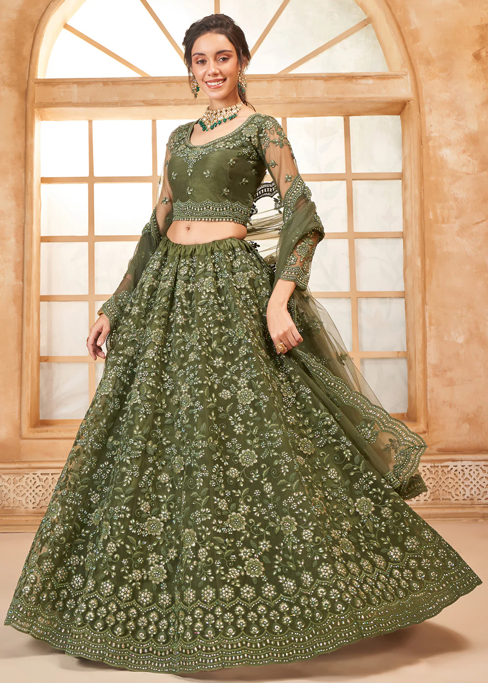 Attractive Green Heavy Net Embroidered Bridal Lehenga Choli - Image 4