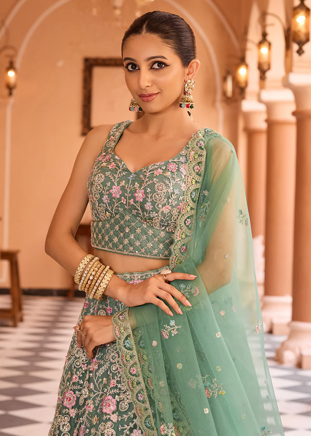 Attractive Green Net Embroidered Wedding Lehenga Choli - Image 2