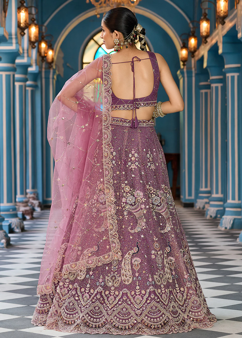 Attractive Lavender Net Embroidered Wedding Lehenga Choli - Image 3