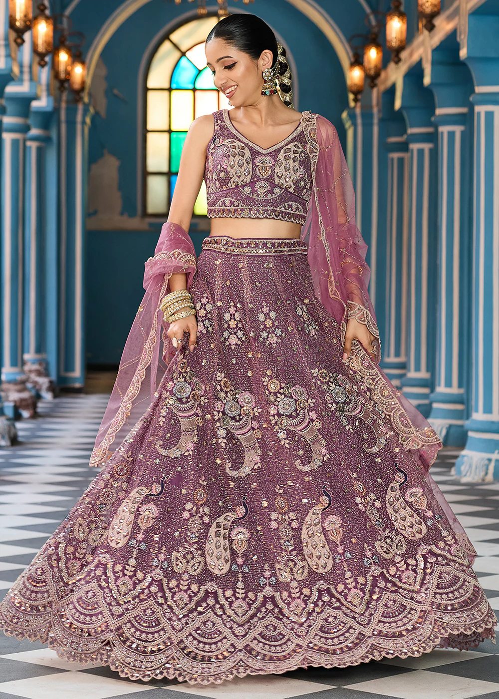 Attractive Lavender Net Embroidered Wedding Lehenga Choli - Image 4