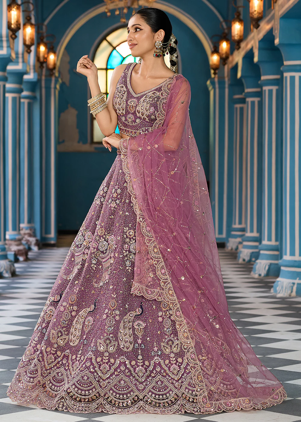 Attractive Lavender Net Embroidered Wedding Lehenga Choli - Image 5