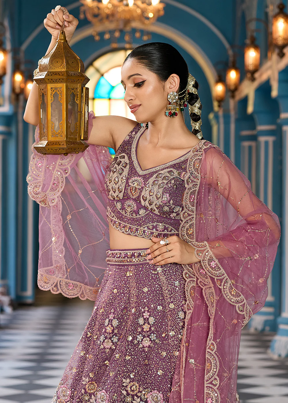 Attractive Lavender Net Embroidered Wedding Lehenga Choli - Image 7
