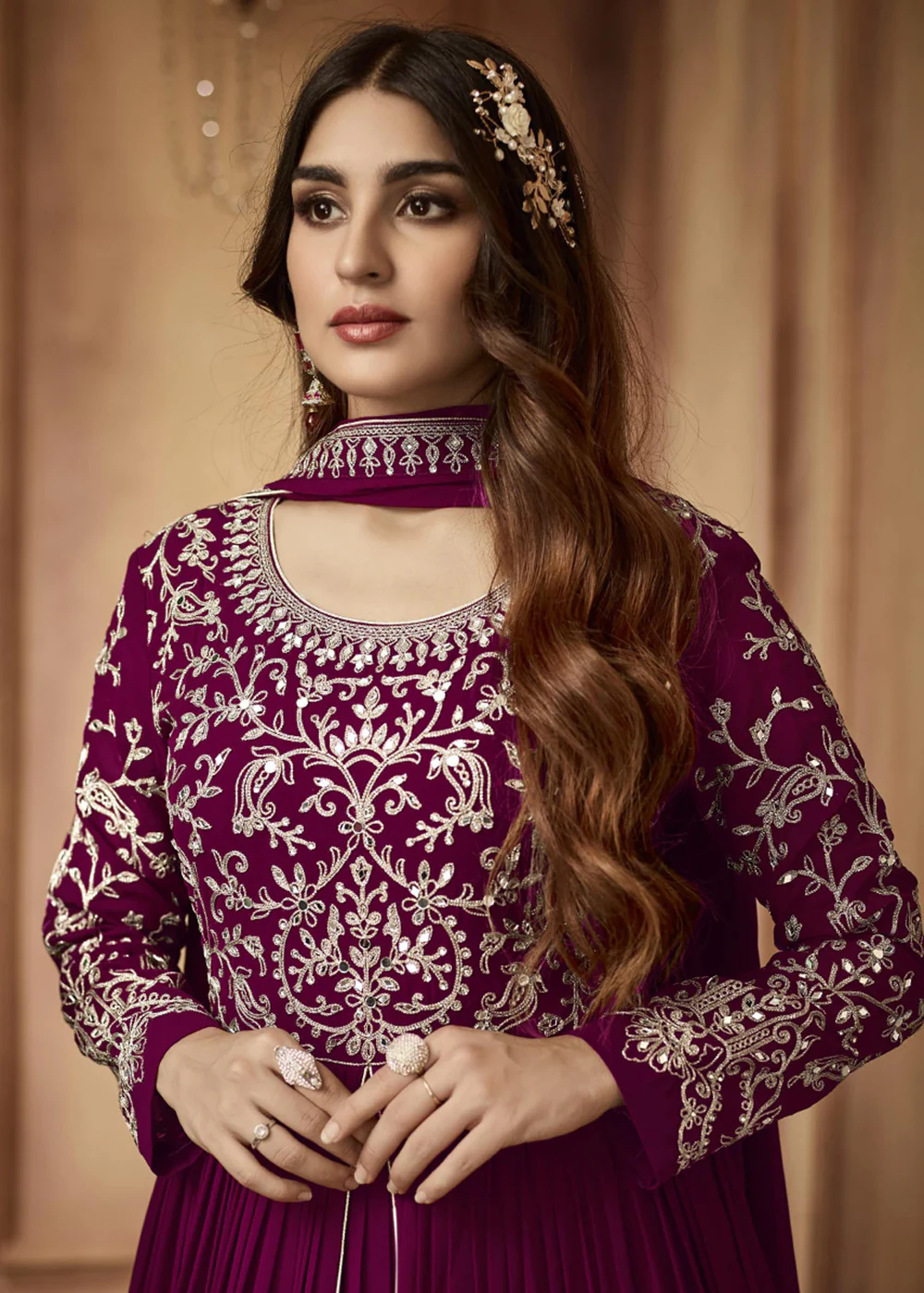 Attractive Magenta Wine Sequins Wedding Festive Anarkali Suit - Image 2
