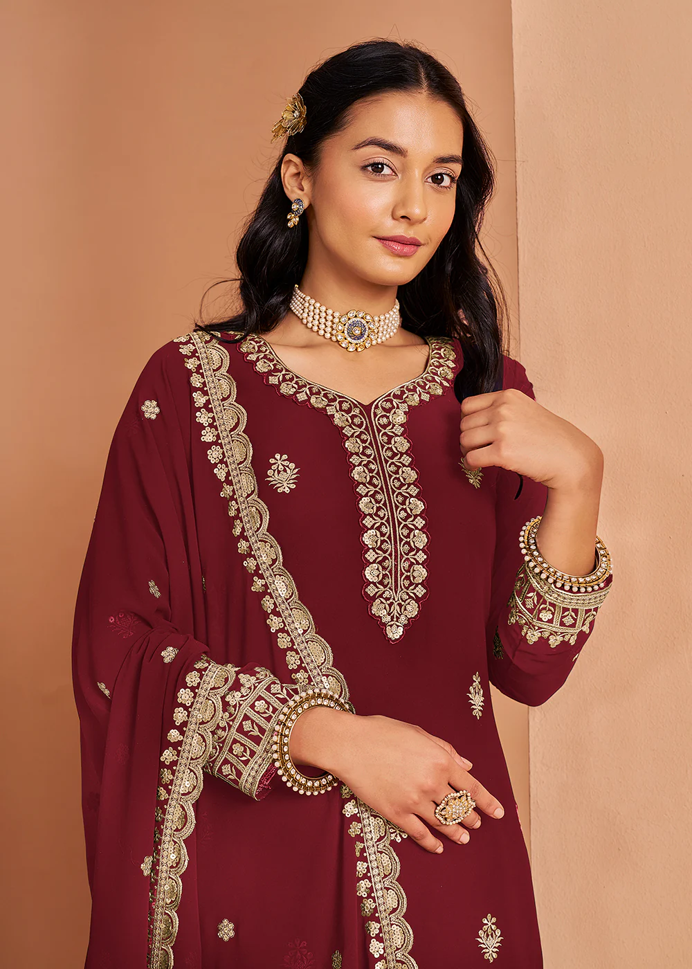 Attractive Maroon Festive Style Embroidered Palazzo Suit - Image 2