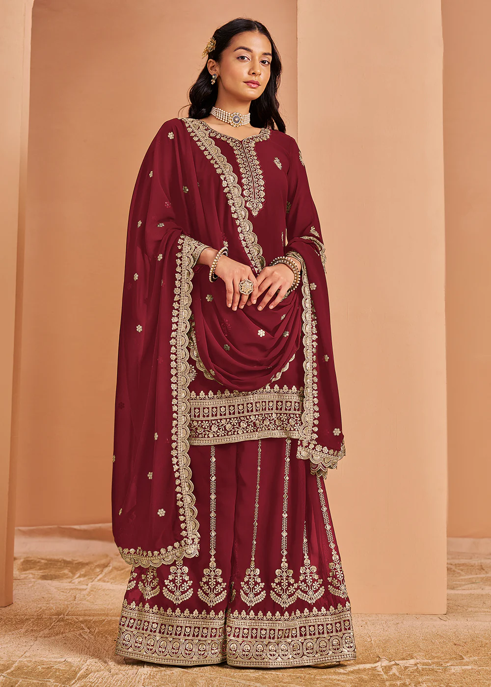 Attractive Maroon Festive Style Embroidered Palazzo Suit - Image 3