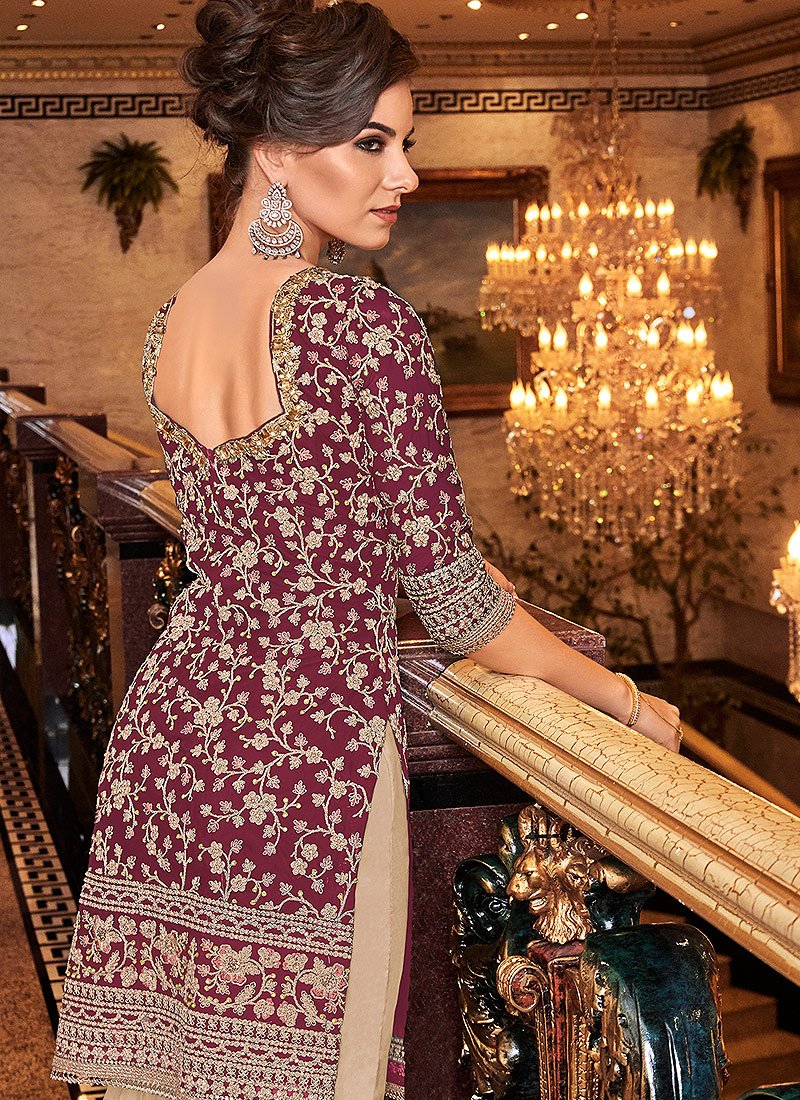 Attractive Maroon Floral Embroidered Straight Cut Sharara Suit - Image 2