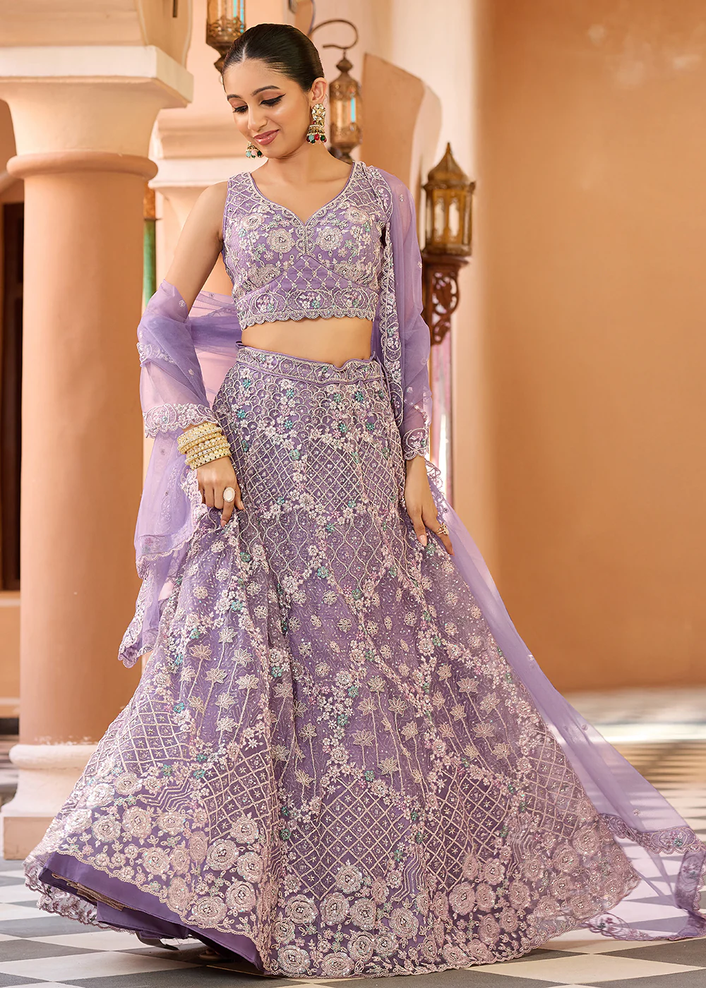 Attractive Mauve All Over Embroidered Wedding Lehenga Choli - Image 4
