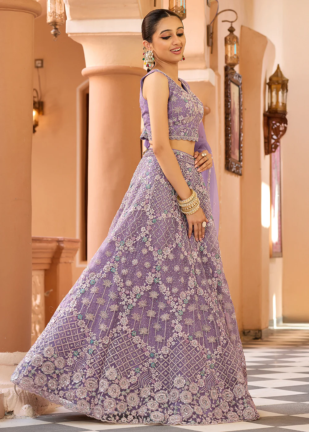 Attractive Mauve All Over Embroidered Wedding Lehenga Choli - Image 6