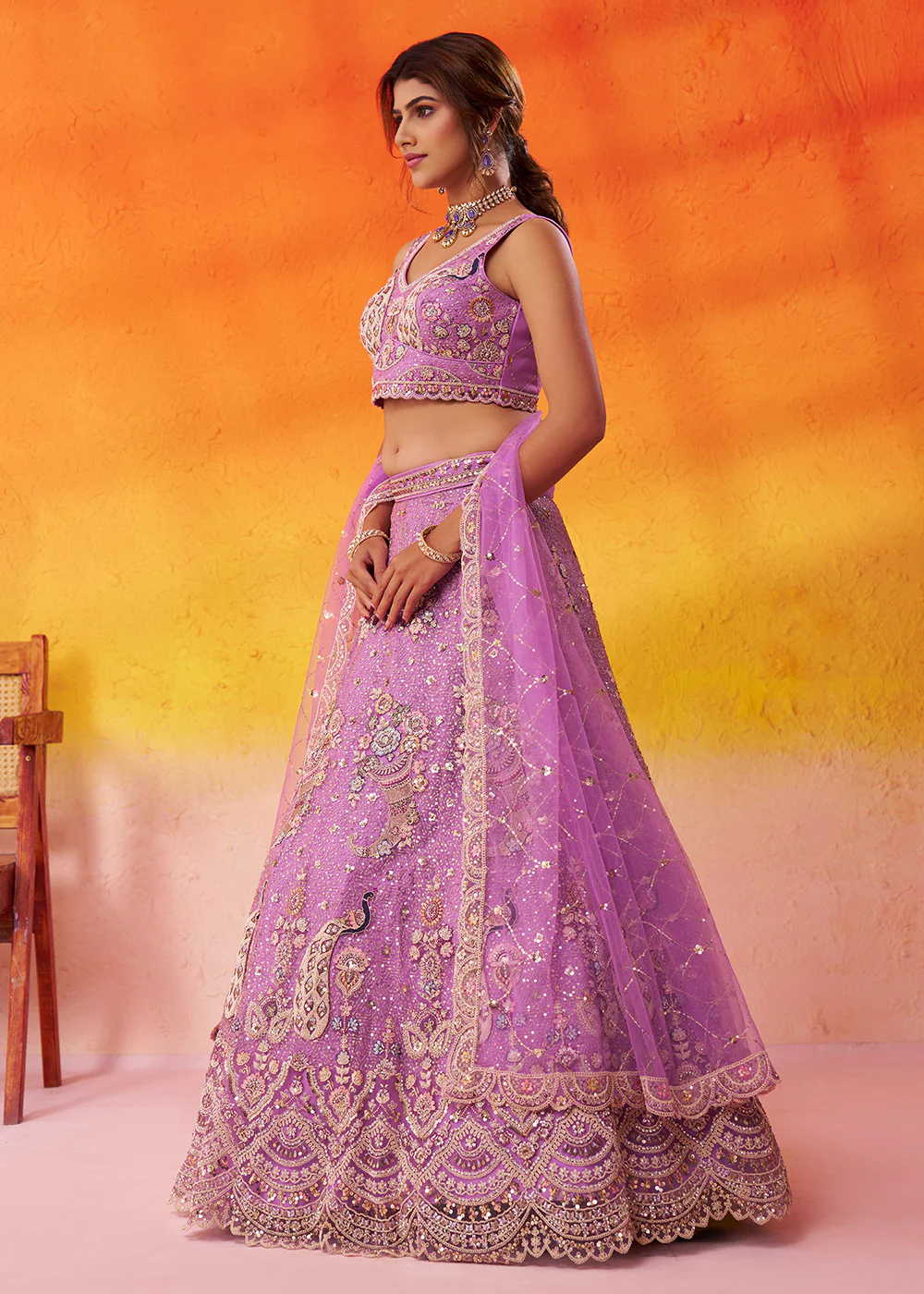 Attractive Mauve Net Embroidered Wedding Lehenga Choli - Image 5