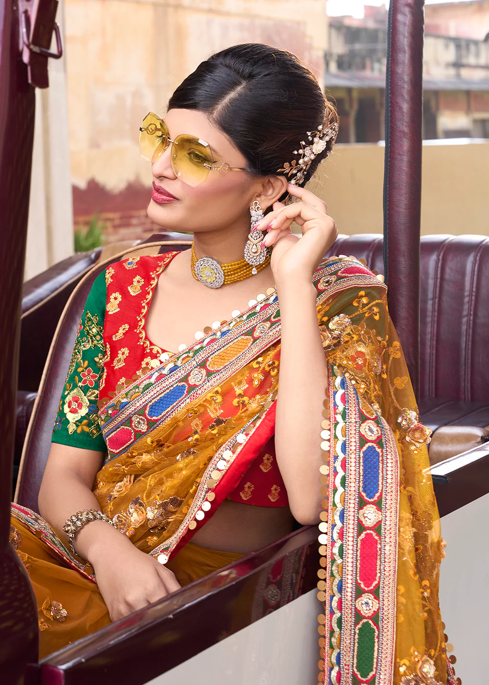 Attractive Mustard Applique Net Designer Bridal Party Wear Saree - Image 3
