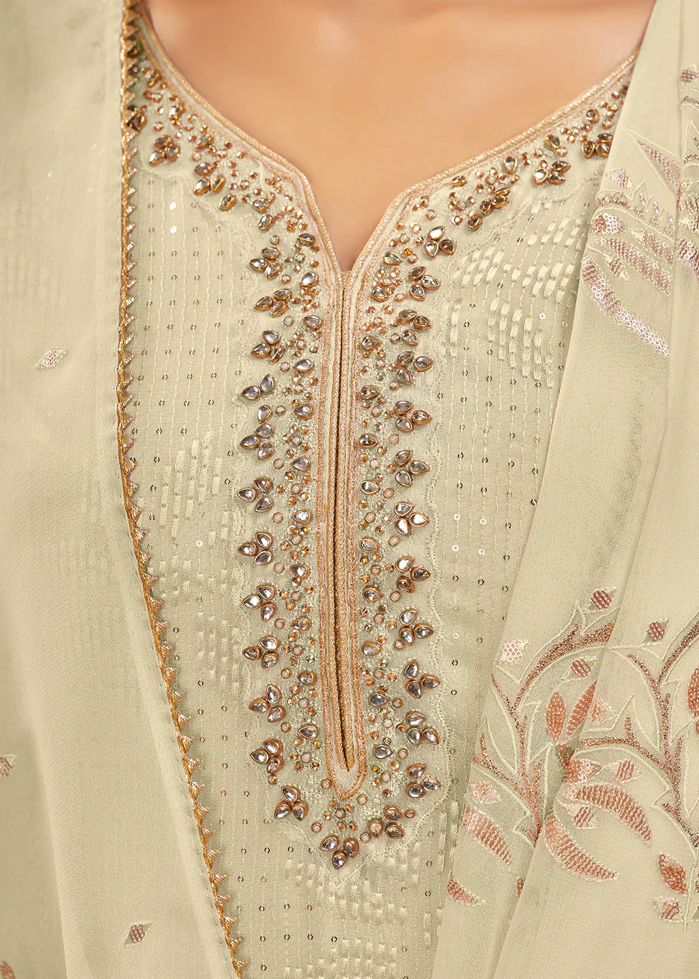 Attractive Off White Sequins & Khatli Work Festive Palazzo Suit - Image 2