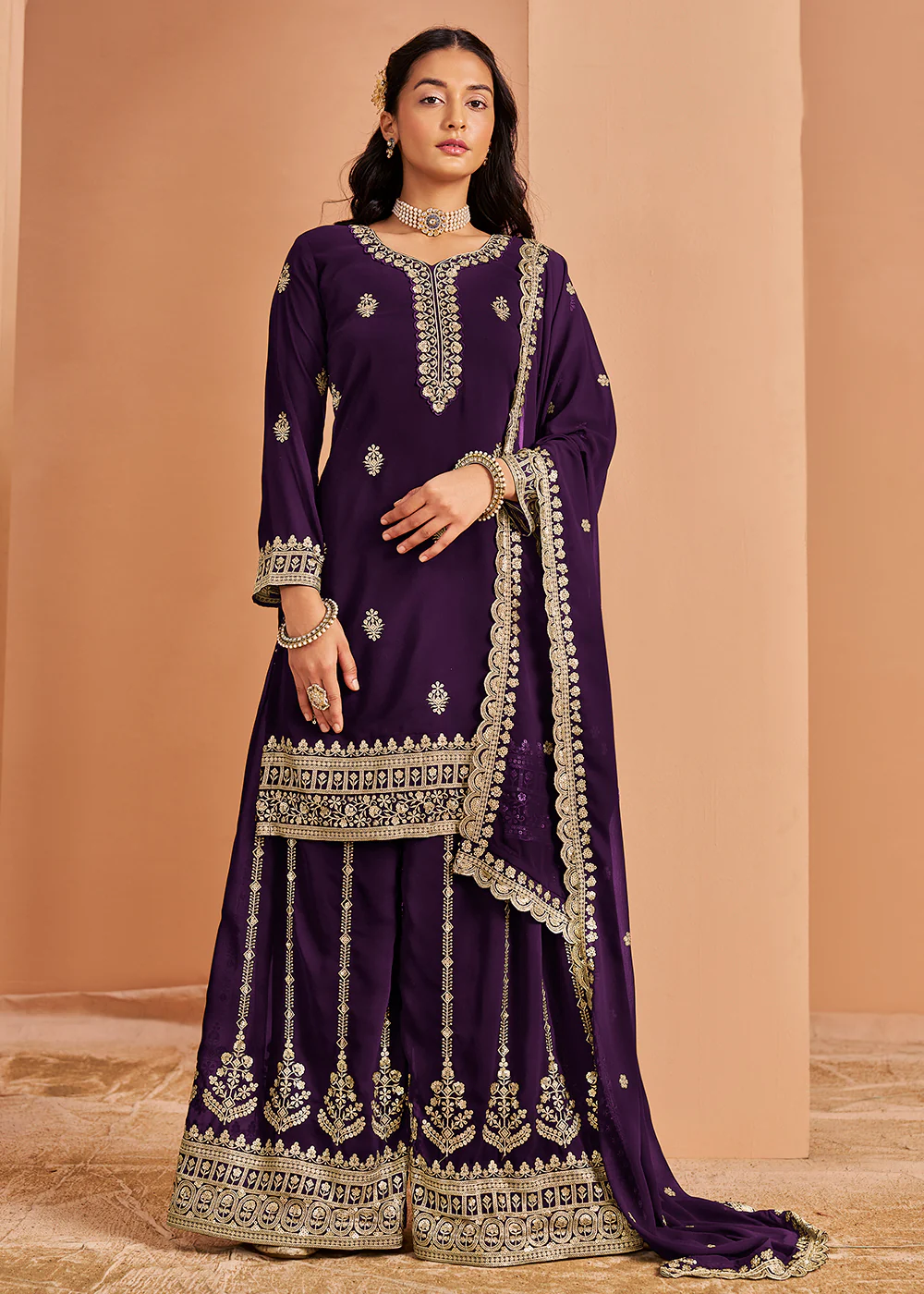 Attractive Purple Festive Style Embroidered Palazzo Suit