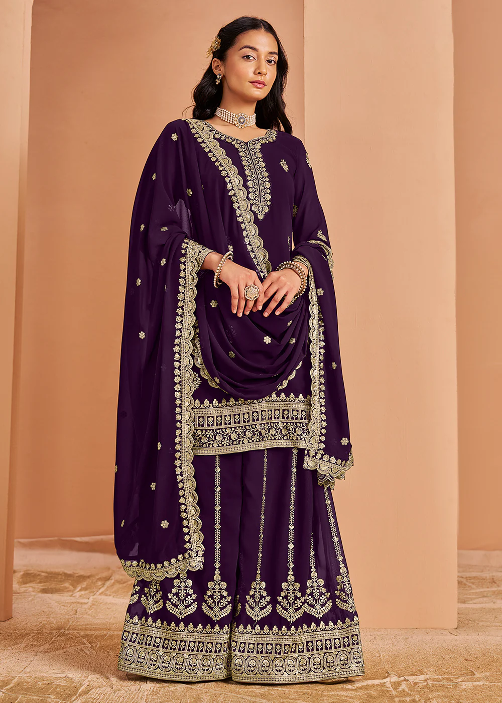 Attractive Purple Festive Style Embroidered Palazzo Suit - Image 3