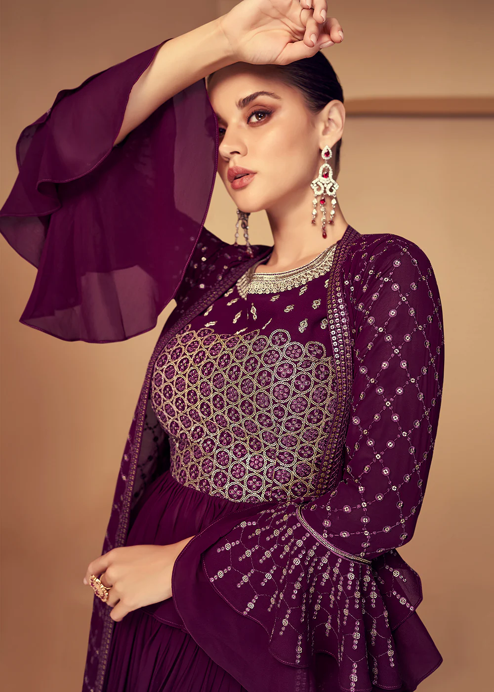 Attractive Purple Jacket Style Party Wear Indo Western Dress - Image 2