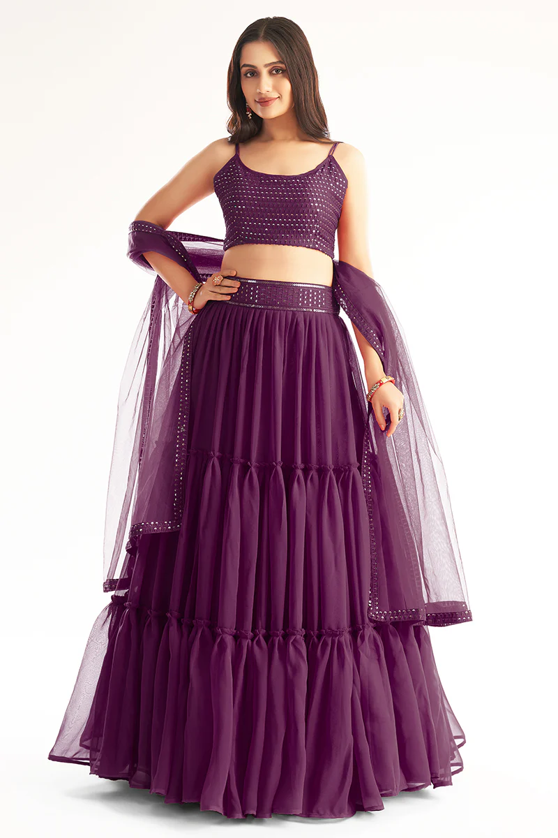 Attractive Purple Ruffle Style Georgette Festive Lehenga Choli