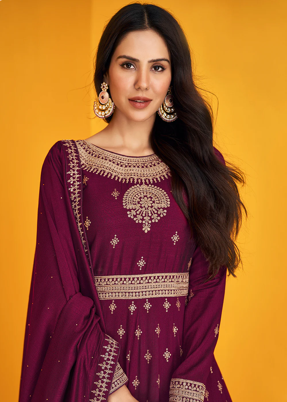 Attractive Purple Silk Festive Long Anarkali Featuring Sonam Bajwa - Image 2
