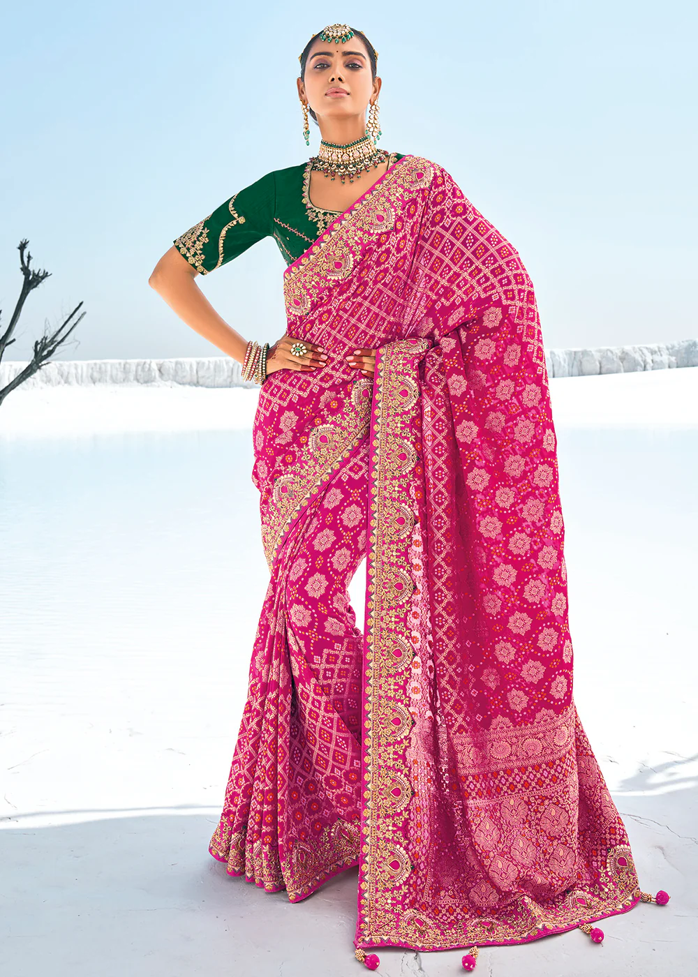 Attractive Rani Georgette Wedding Bandhani Patola Saree