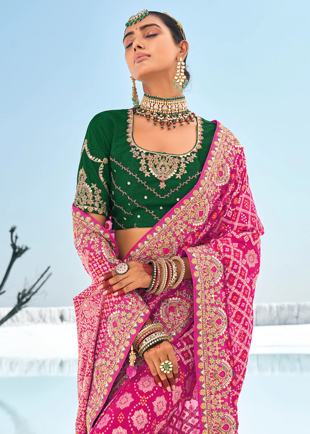 Attractive Rani Georgette Wedding Bandhani Patola Saree - Image 2