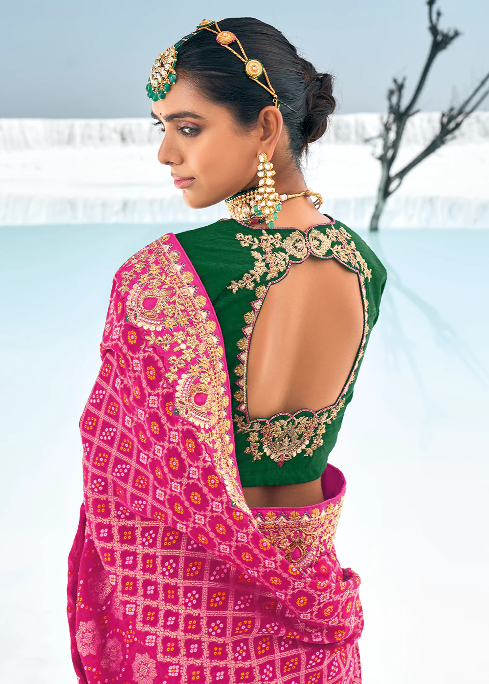 Attractive Rani Georgette Wedding Bandhani Patola Saree - Image 3