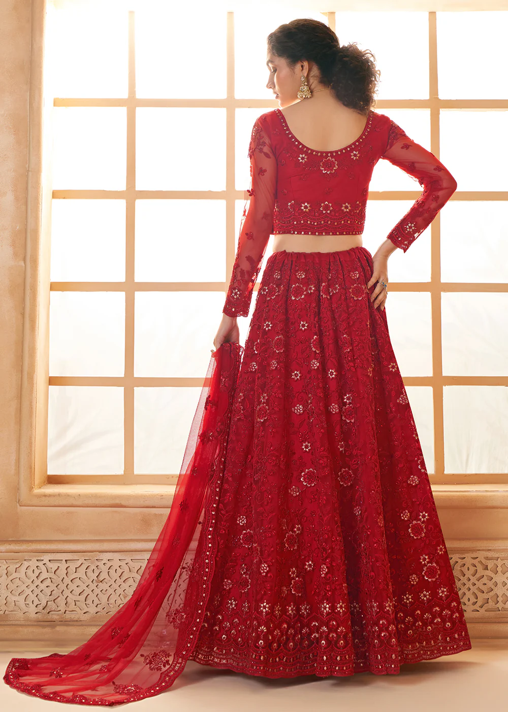 Attractive Red Heavy Net Embroidered Bridal Lehenga Choli - Image 3