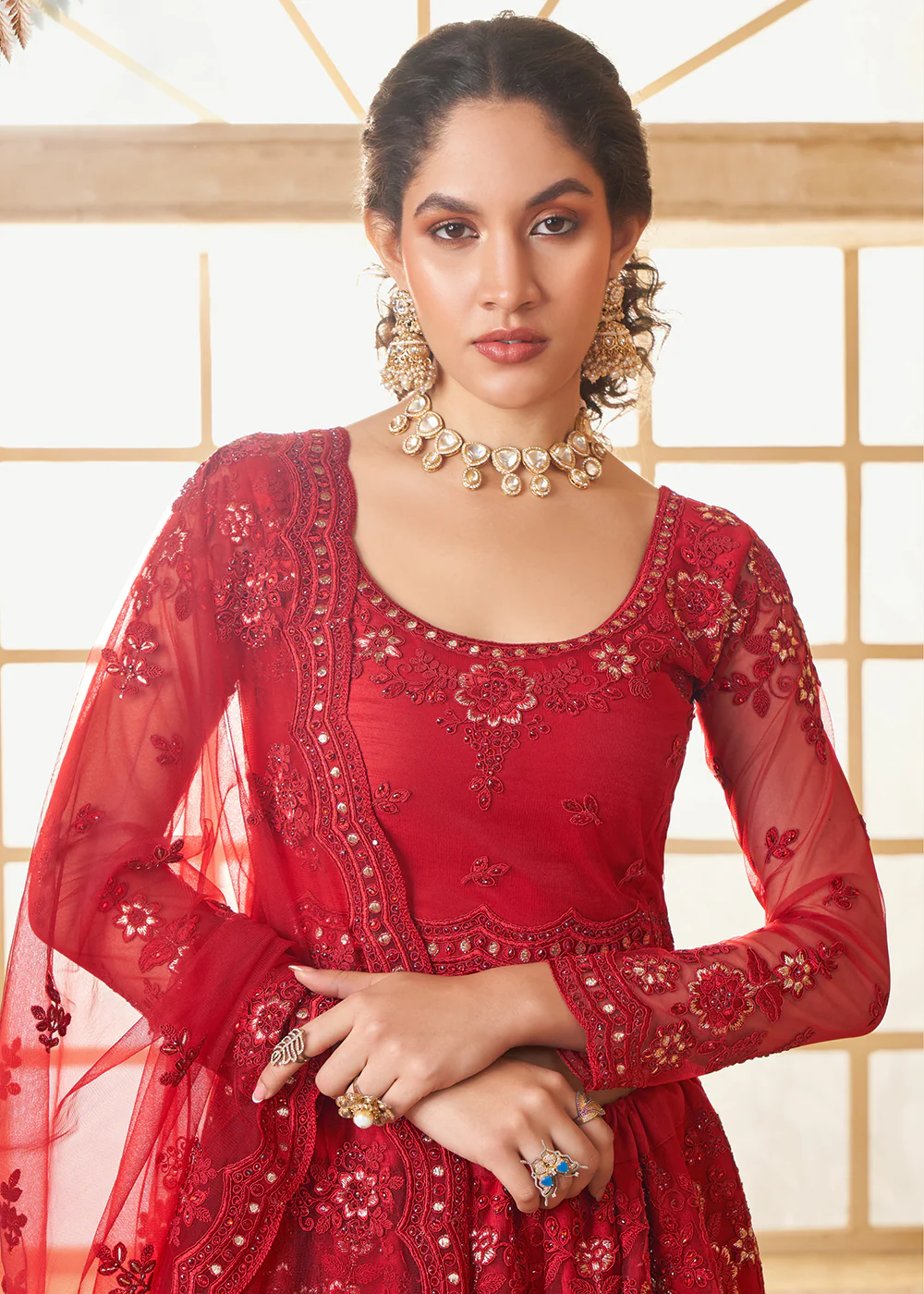 Attractive Red Heavy Net Embroidered Bridal Lehenga Choli - Image 4