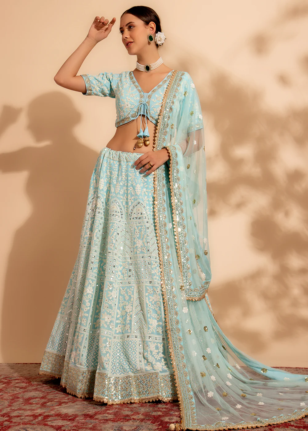 Attractive Sky Blue Bridesmaid Style Wedding Lehenga Choli - Image 4
