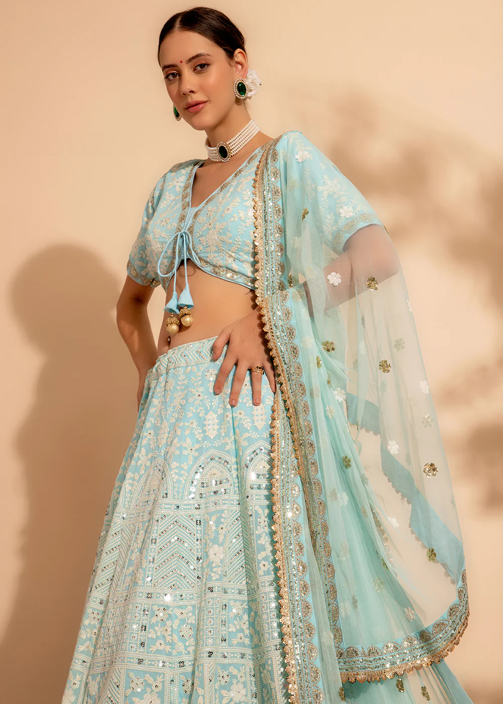 Attractive Sky Blue Bridesmaid Style Wedding Lehenga Choli - Image 5