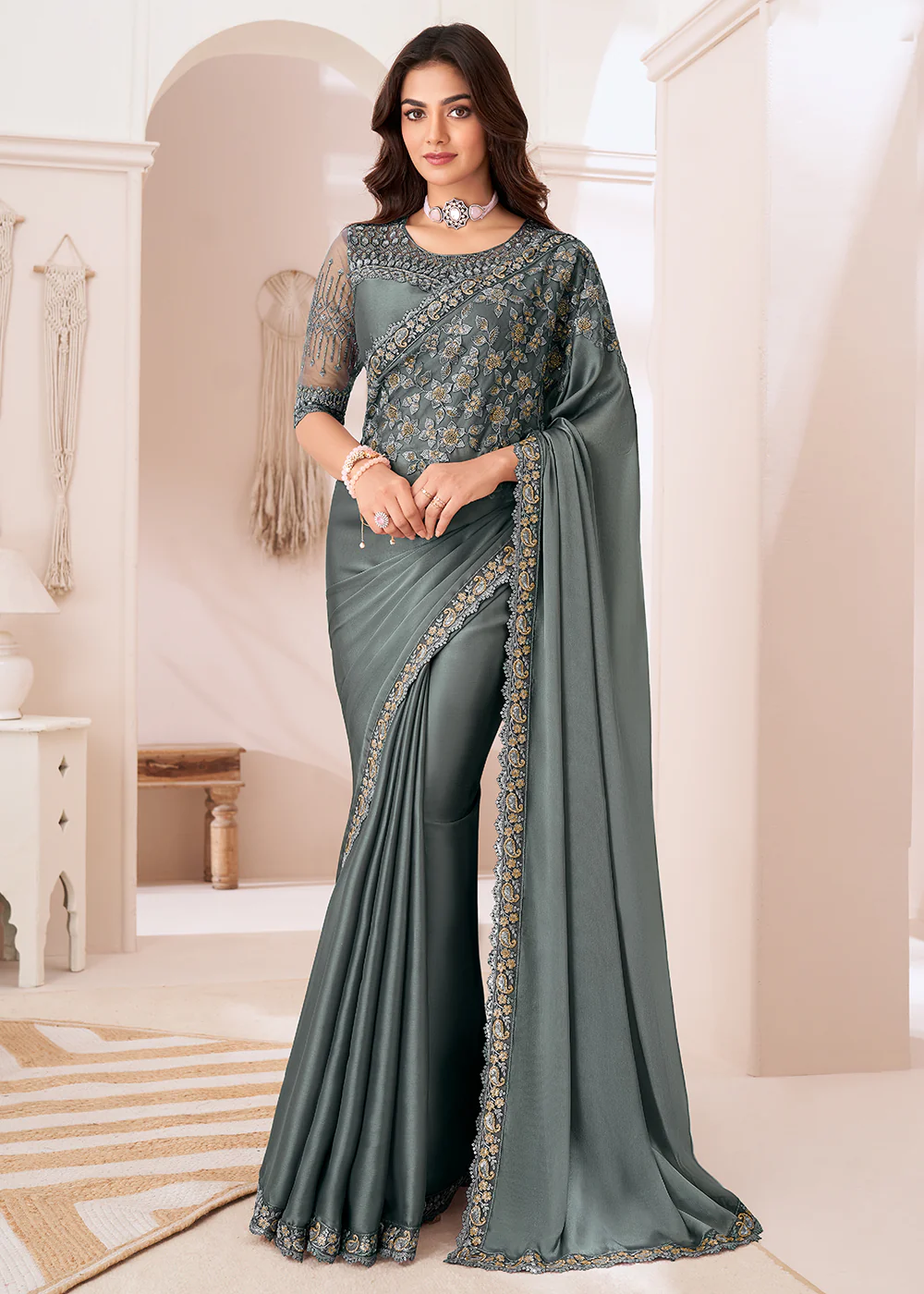 Attractive Slate Grey Satin Silk Designer Wear Saree