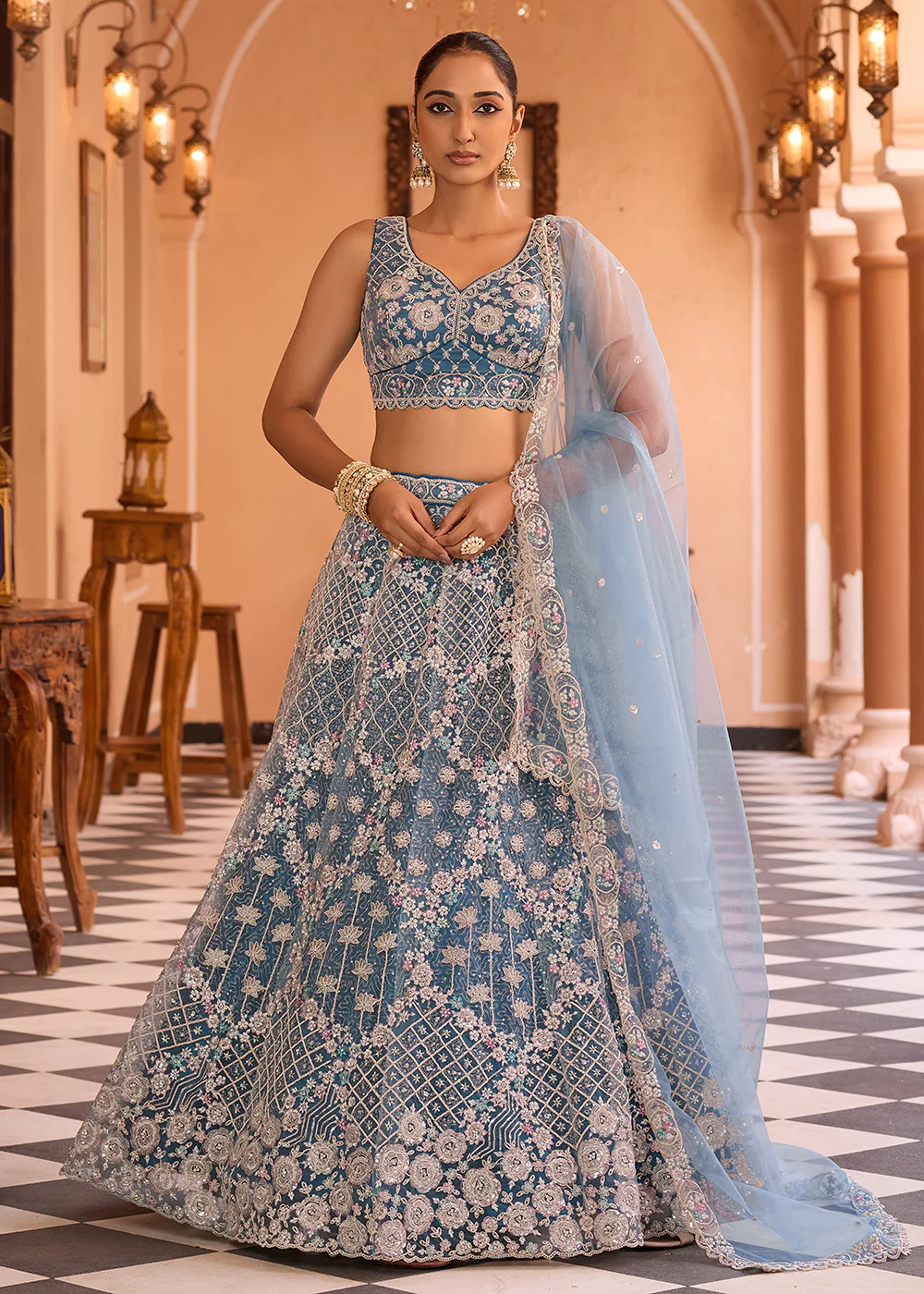 Attractive Teal All Over Embroidered Wedding Lehenga Choli