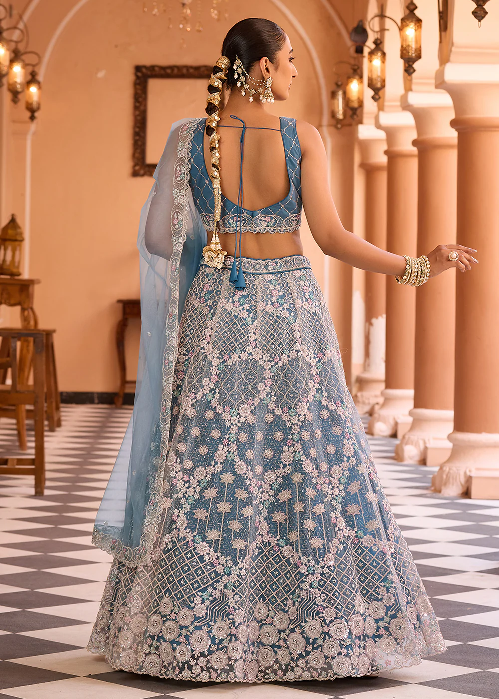 Attractive Teal All Over Embroidered Wedding Lehenga Choli - Image 3