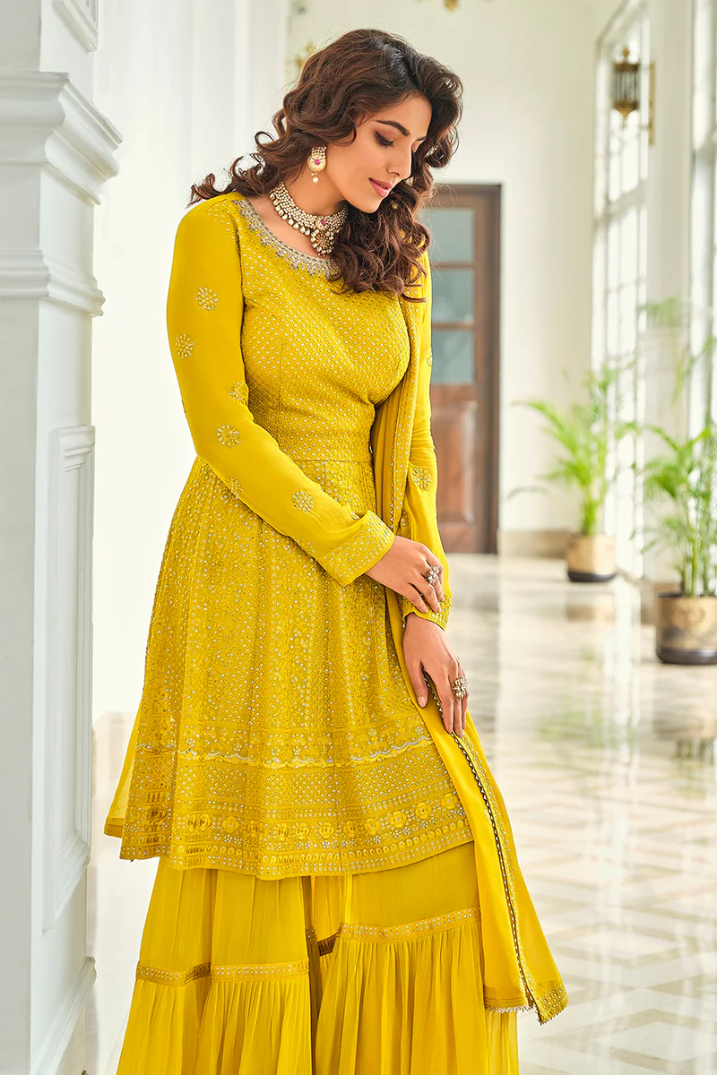 Attractive Yellow Gharara Style Embroidered Peplum Suit - Image 2