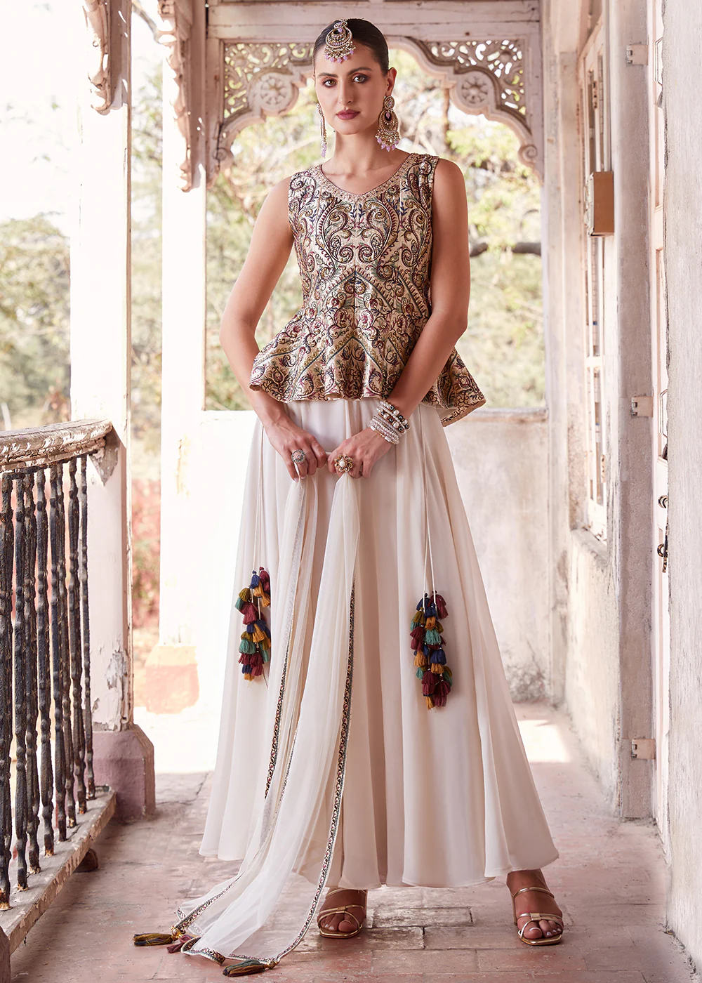 Austonishing Off White Georgette Peplum Style Sharara Suit