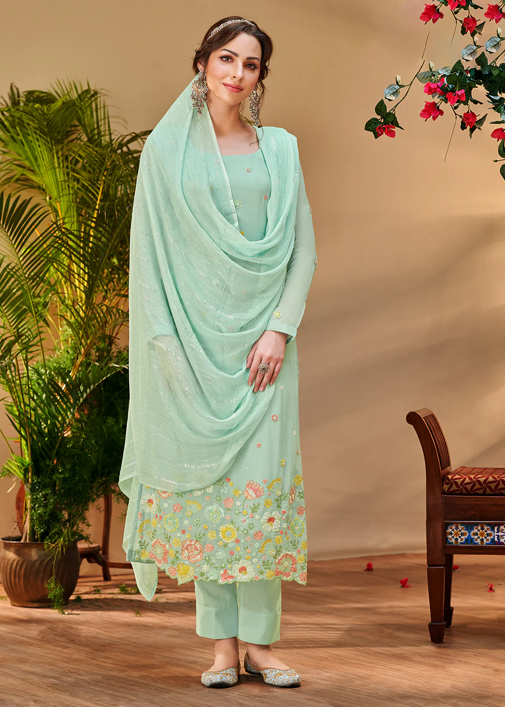 Awesome Aqua Green Georgette Embroidered Salwar Kurta Set