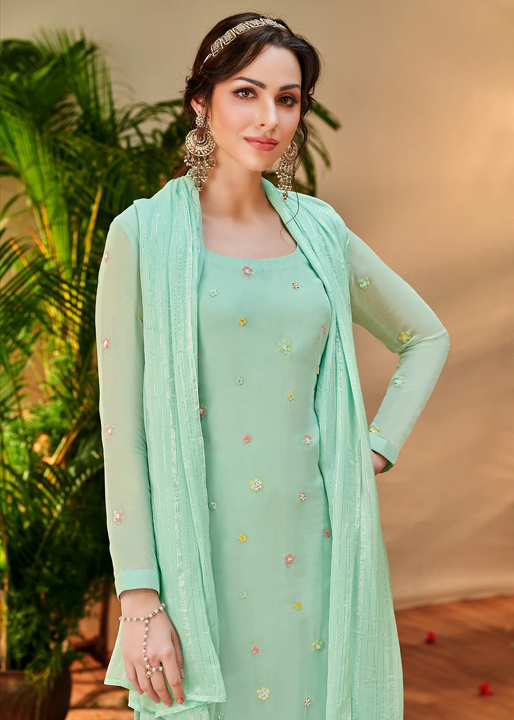 Awesome Aqua Green Georgette Embroidered Salwar Kurta Set - Image 4