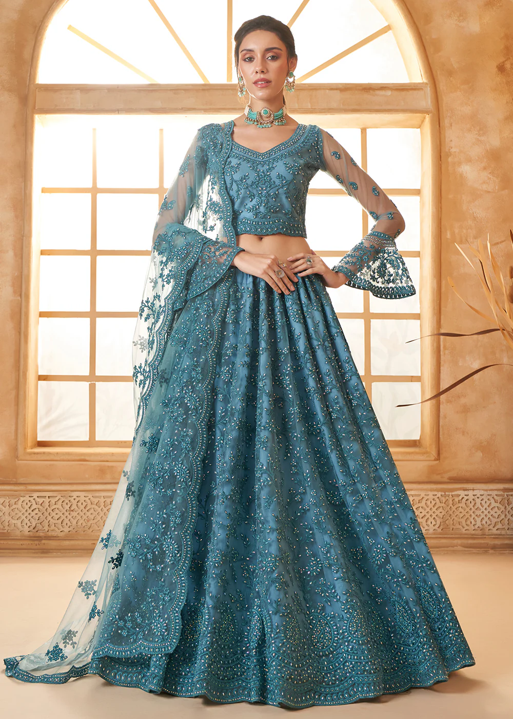 Awesome Blue Heavy Net Embroidered Bridal Lehenga Choli