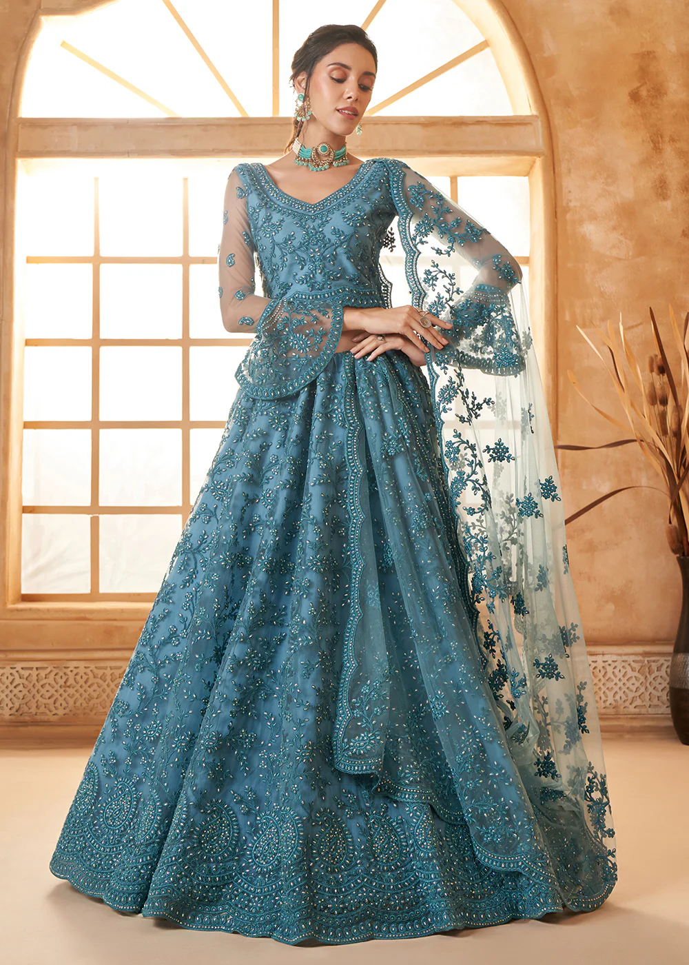 Awesome Blue Heavy Net Embroidered Bridal Lehenga Choli - Image 4