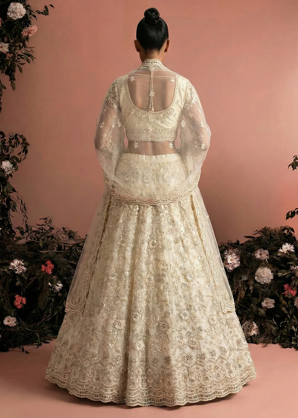 Awesome Cream Heavy Net Embroidered Bridal Lehenga Choli - Image 2