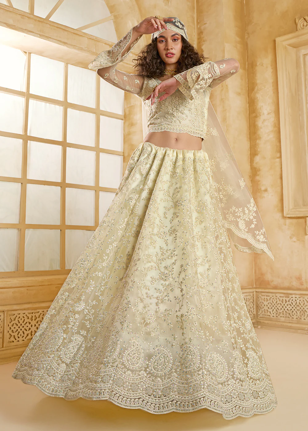 Awesome Cream Heavy Net Embroidered Bridal Lehenga Choli - Image 4