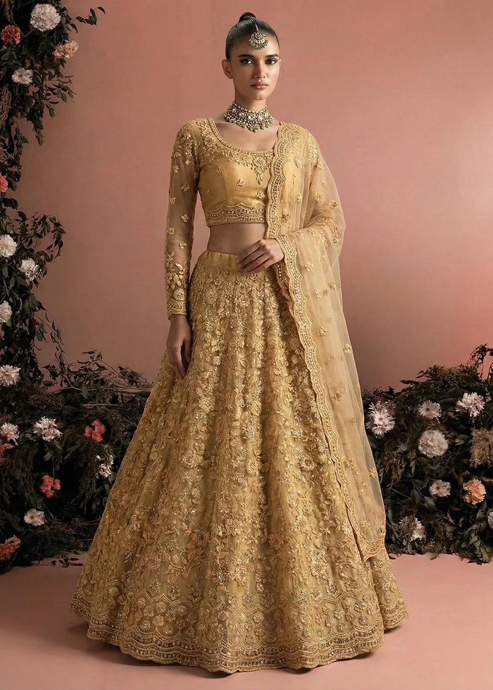 Awesome Golden Heavy Net Embroidered Bridal Lehenga Choli