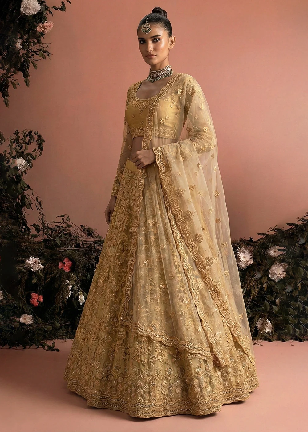 Awesome Golden Heavy Net Embroidered Bridal Lehenga Choli - Image 3