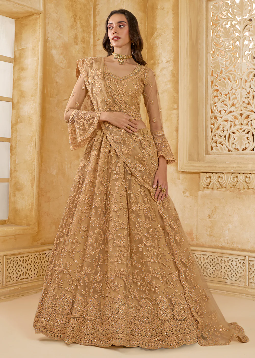 Awesome Golden Heavy Net Embroidered Bridal Lehenga Choli