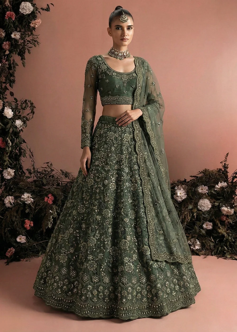 Awesome Green Heavy Net Embroidered Bridal Lehenga Choli