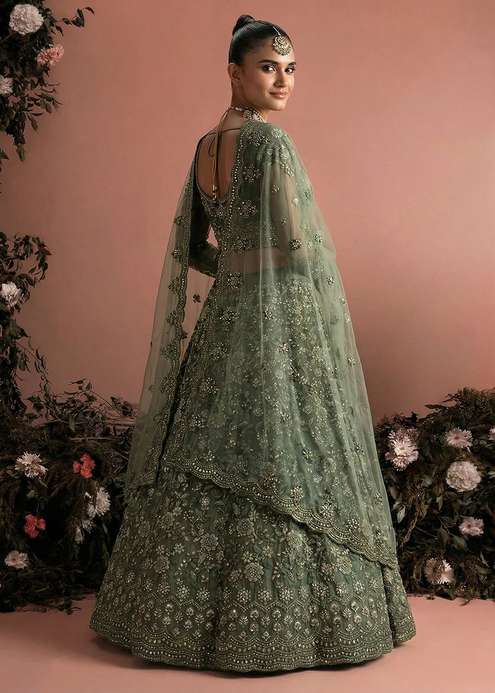 Awesome Green Heavy Net Embroidered Bridal Lehenga Choli - Image 2