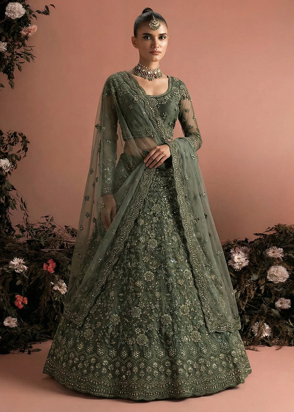 Awesome Green Heavy Net Embroidered Bridal Lehenga Choli - Image 3
