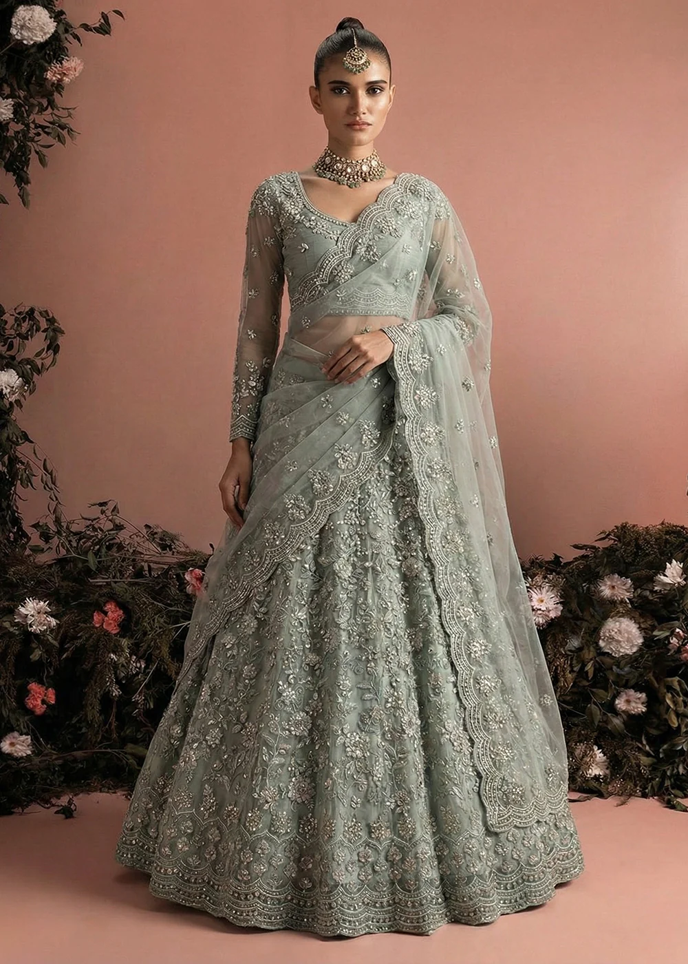 Awesome Grey Heavy Net Embroidered Bridal Lehenga Choli