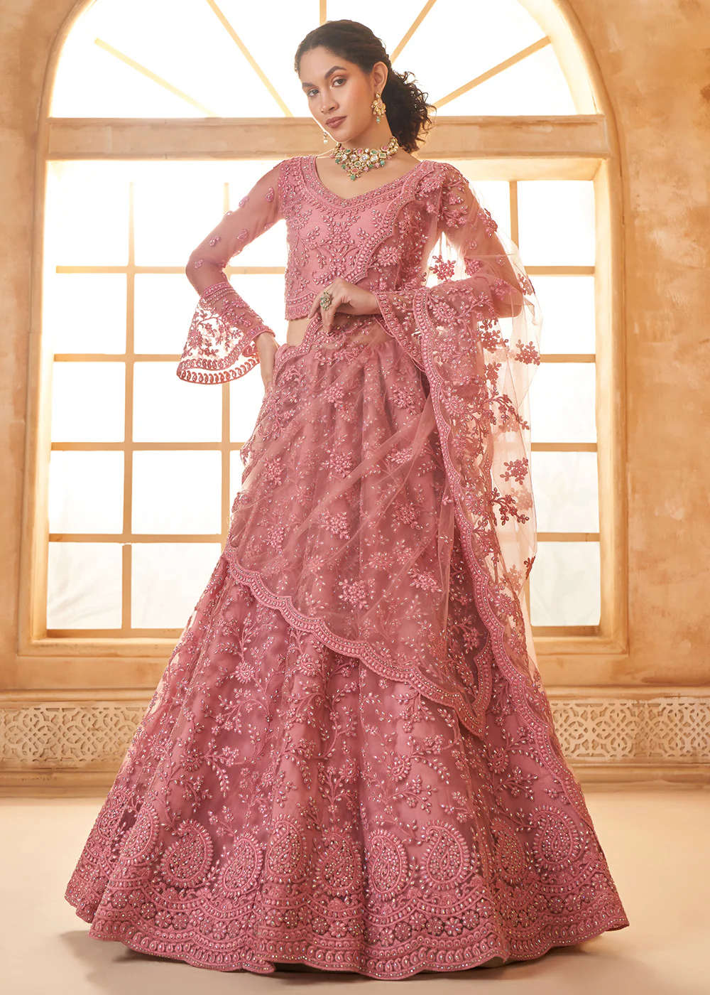 Awesome Pink Heavy Net Embroidered Bridal Lehenga Choli